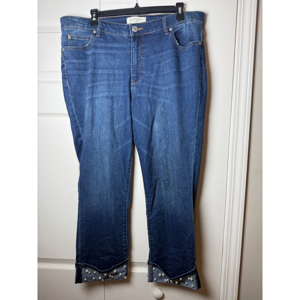 Eloquii Womens Pearl Embellished Tulip Hem Straight Leg Jeans Blue Size 16